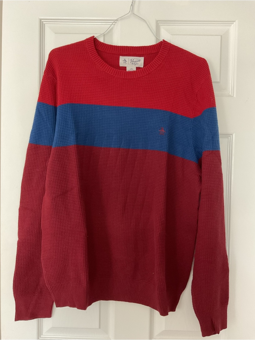 Original Penguin Red and Blue Colorblock Waffle-Knit Crewneck Sweater